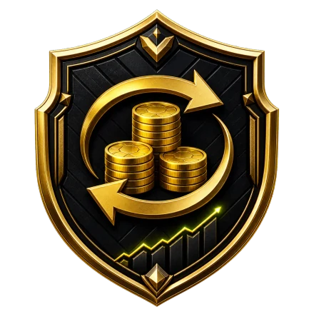 Altın coinler, takas okları ve grafik içeren Trade Grubu amblemi
